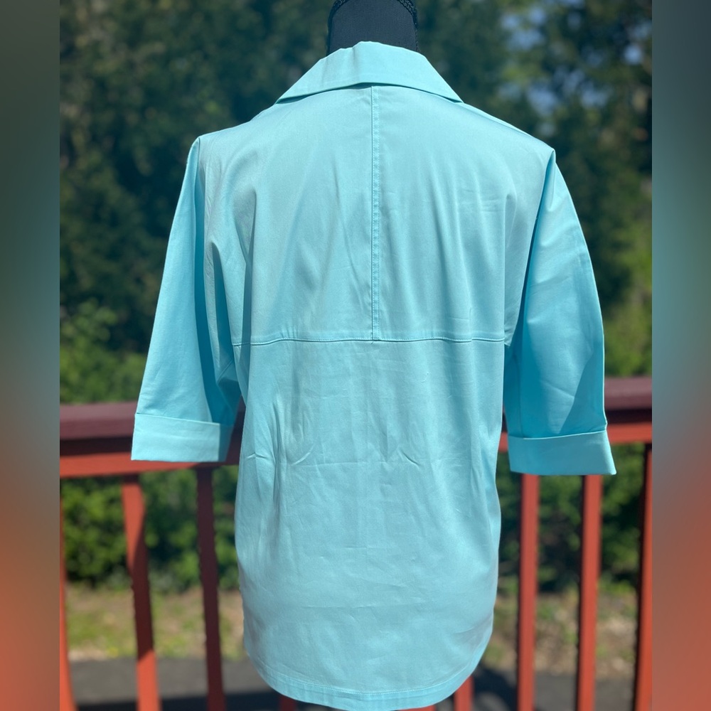 LAFAYETTE 148 NEW YORK NEW ITALIAN COTTON STRETCH BLOUSE IN LAGOON SIZE SMALL - Picture 9 of 13